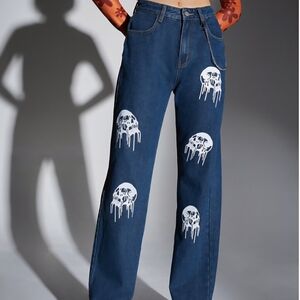ROMWE Y2K Medium Wash Blue Skull Graphic Straight Leg Jeans